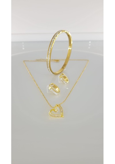 Kalp Taşlı New Gold Çelik Takı Seti Gümüş - Rose Gold