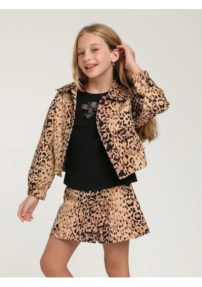 Escabel Kız Çocuk Leopar Desenli Tek Cepli Ceket-15592 Kahverengi