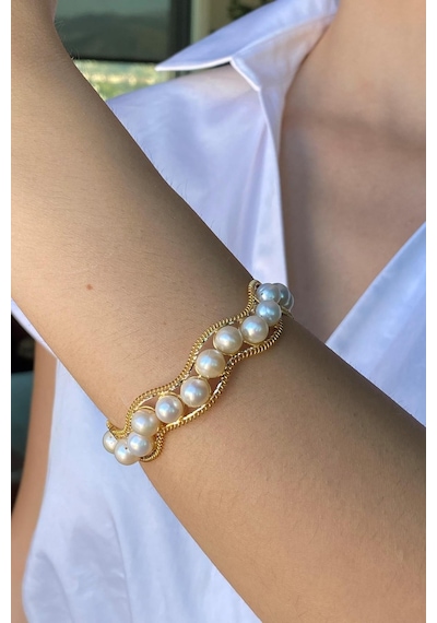 7,5 Mm Doğal İnci Kelepçe Bilezik 64 / Sarı Sarı Sarı Altın