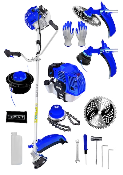 Schatz 5.9 Hp Yan Tipi Benzinli Motorlu Ot Çalı Çim Biçme Tırpanı 11000rpm Mavi + Canavar Başlık
