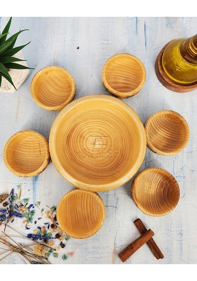 El Yapımı Desenli Ahşap Doğal Ağaç Çerezlik Doğal Ağaç 7li Nature