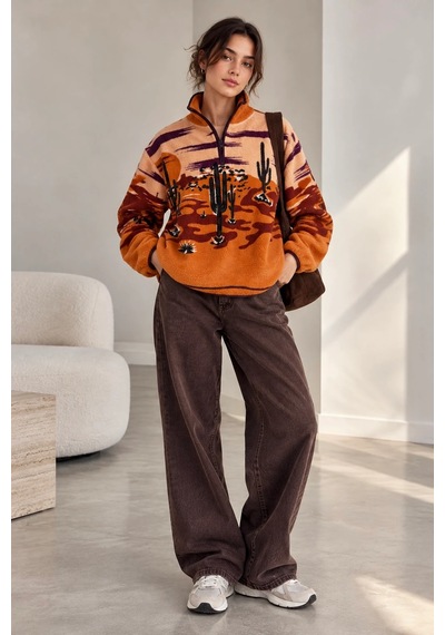 Bbbutikbasic Dik Yaka Yarım Fermuarlı Desenli Polar Sweatshirt My3535 Turuncu