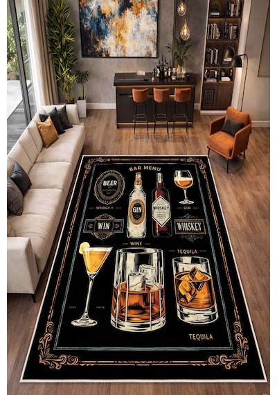 STY Home Kokteyl Dijital Baskı Halı Kaymaz Tabanlı Yıkanabilir Halı Yolluk Salon Halısı137 Siyah