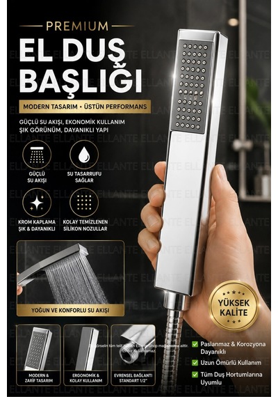 Kare El Duşu Başlığı Krom Paslanmaz Güçlü Su Akışlı Silikon Nozullu 1/2'' Universal Bağlantı Çok Renkli