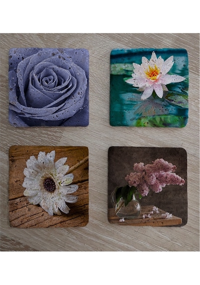 Mavi Gül Ve Çiçekler Doğal Taş Bardak Altlığı 4'lü Set - Natural Stone Coasters - Taş Çok Renkli