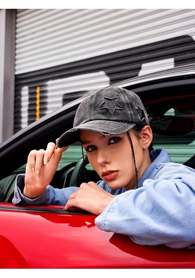 Valkyrie Vintage Siyah Yıldız Nakışlı Şapka Unisex Eskitme Baseball Cap Ayarlananır Pamuk Spor Şapka