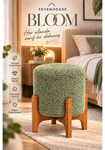 Bloom Çok Amaçlı Dekoratif Puf Ahşap Ayaklı Teddy Kumaş Kaplı Silindir Makyaj Pufu Yeşil