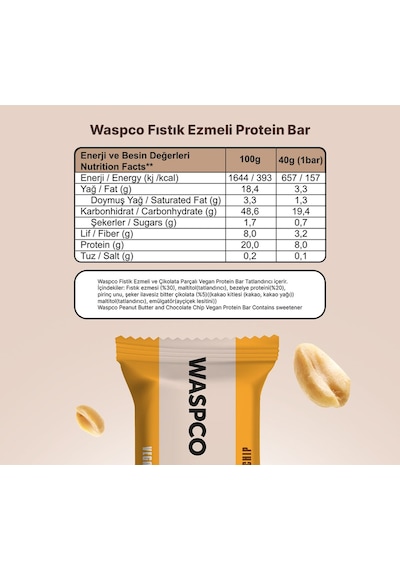 Waspco Fıstık Ezmeli Vegan Bar 40G x 12 Adet
