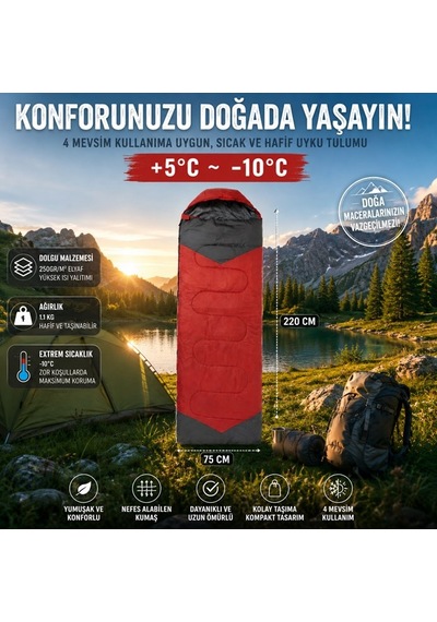 4 Mevsim Uyku Tulumu +5 C -10 C Kamp Uyku Tulumu Nefes Alabilen Kumaş Kırmızı