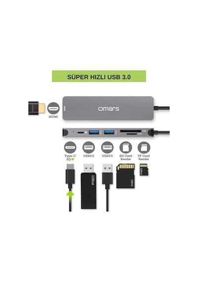 Omars 6 OMHUBSG2U6PLX-1 Port Type-C Usb 3.1 Pd 4K HDMI SD/TF Kart Uyumlu Hub Dönüştürücü Adaptör