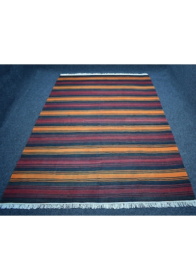 El Dokuma 6m2 Benzersiz Çubuklu Gömürgen Yün Kilim 7473 Çok Renkli