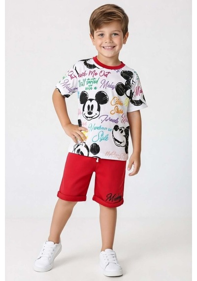 Riccotarz Erkek Çocuk Ayıcık Desen Ve Renkli Yazılarla Penye T-shirt Kırmızı Şortlu Takım Kırmızı