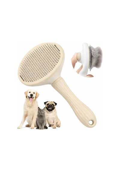 Madpet Krem Basmalı Kedi Ve Köpek Tarağı Otomatik Temizlenen Pet Fırçası Paslanmaz Çelik İğneli Ergonomik Saplı Tüy Toplama Ve Bakım İçin Pratik Tarak