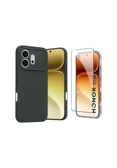 Honor 600 İle  Kılıf Esnek Premium Telefon Kılıfı Ve Temperli Cam Ekran Koruyucu Koyu Yeşil
