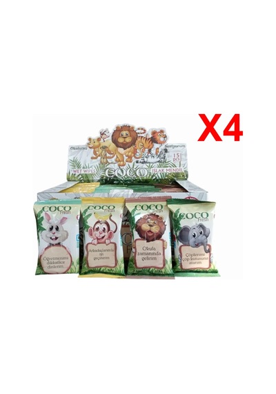 Coco Fresh Cep Islak Mendil 15'li Paket 36'lı Kutu x 4 Safari Hayvanlar 144'lü Set
