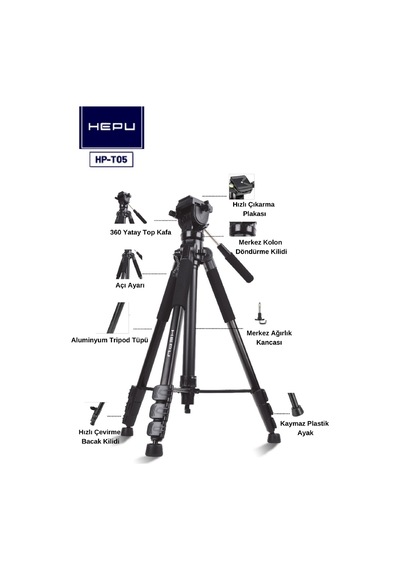 HEPU HP-T05 Profesyonel Tripod – 210 cm | 360° Pan Kafa | Alüminyum Gövde