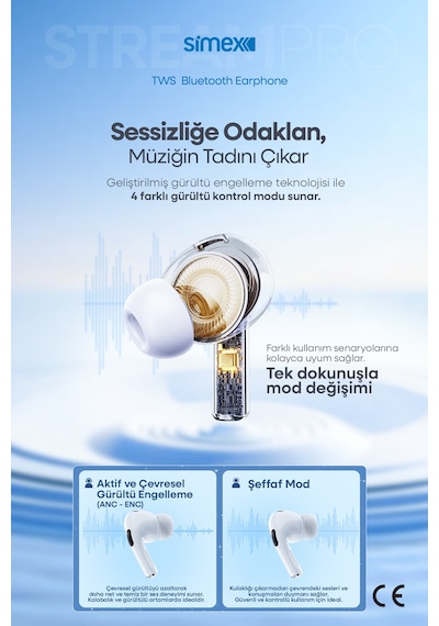 Simex Stream Pro Dijital Dokunmatik Ekranlı ANC/ENC Bluetooth 5.4 Kulak İçi Kulaklık