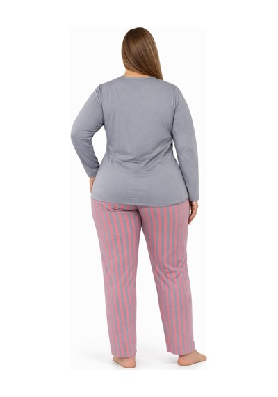 Pemilo Kadın 7255 Büyük Beden Likralı Uzun Kol Pijama Takımı Gri