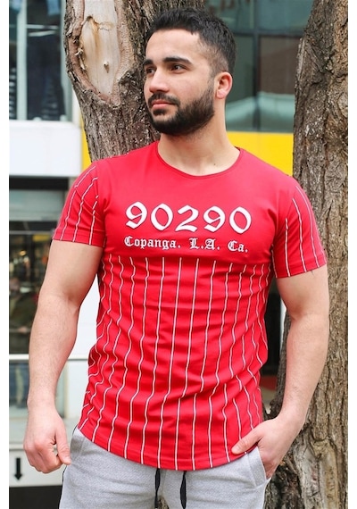 Madmext Bisiklet Yaka Çizgi Detaylı Kırmızı Tişört 2863