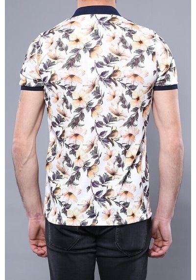Yake Store Polo Yaka Turuncu Çiçek Desenli T-shirt - Wessi - Turuncu Beyaz
