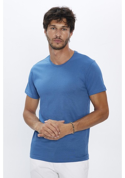 Tudors Erkek Slim Fit Dar Kesim Pamuk Yumuşak Dokulu Basic Mavi Bisiklet Yaka Tişört-31789-mavi Mavi