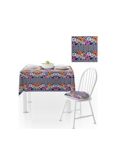 Zambak Desenli Zigzag Siyah Beyaz Kadife Dokulu 140x180 Masa Örtüsü