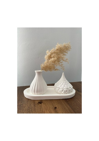 Vazo Minimalist Tasarım Düz Standlı Beyaz Vazo Ve Kapaklı Mum Seti El Yapımı Beyaz