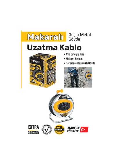 Sgs Metal Makaralı Uzatma Kablosu 2,5mm² 30 Metre Sanayi Tipi Dayanıklı Priz Ve Kablo