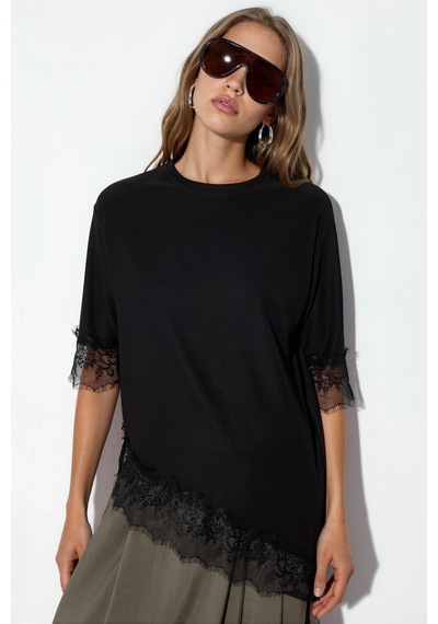 Hiccup Bdart Oversize Dantel Örme Bluz Siyah