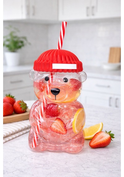 Bearista Ayıcık Pipetli Borosilikat Bardak 580 Ml Kırmızı Buzlu Kahve Uyumlu Kırmızı