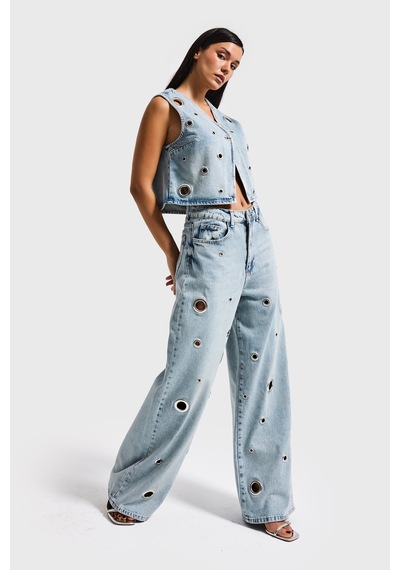 Itsbasic Kadın Ice 4s6-65 Baggy Fit Kuş Gözü Detaylı Özel Tasarım Denim Jean Buz Mavi