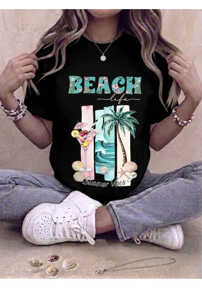 Beach Baskılı Oversize Kompak T-shirt Siyah