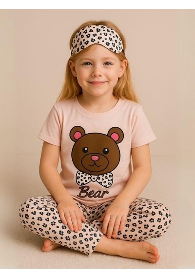 Kız Çocuk Pamuklu Kısa Kol Ayıcık Desenli Pijama Takımı Uyku Bandı Dahil -16055 Pembe