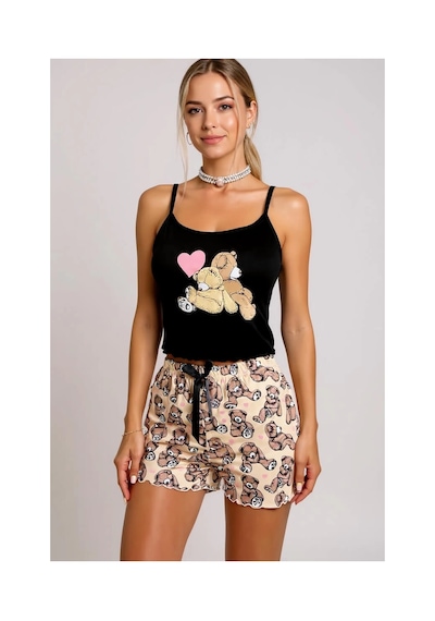 Moda Dua Renkli Ayıcık Desenli Askılı Şortlu Kadın Pijama Takımı