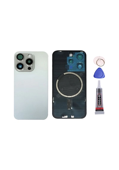 Apple Uyumlu iPhone 15 Pro Beyaz Full Nfc Ve Demirli Arka Kapak Batarya Kapağı Pil Kapağı Yapışkan Ve Sökme Aparatıyla Beraber Full Set Beyaz