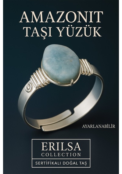 Sertifikalı Doğal Amazonit Taşı Yüzük Kalın Tımbıl Kasa Gümüş Renk Ayarlanabilir Mavi