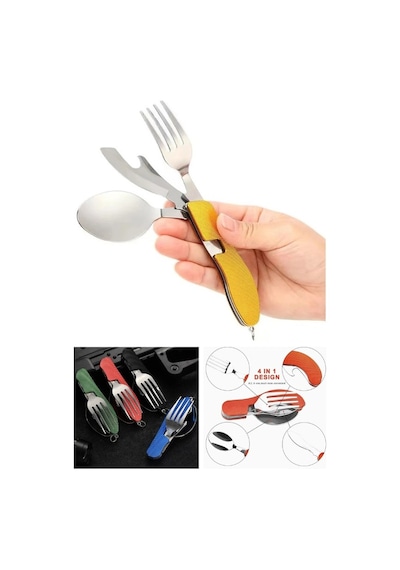 Katlanabilir Sofra Bıçak Kaşık Çatal 4in1 Yemek Kaşığı Paslanmaz Çelik Şişe Açacağı Taşınabilir Sofra Seti Çok Renkli