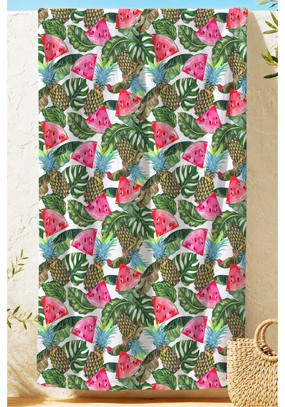 Tropikal Meyve Yapraklı Plaj Havlusu - Ananas Karpuz Marine Beyaz Hızlı Kuruyan Mikrofiber Havlu Kumlu Melon