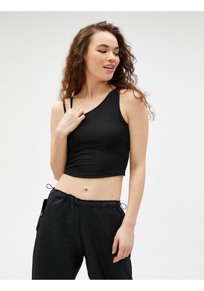 Koton Crop Fitilli Atlet Asimetrik Yaka Siyah 3sal30065ık 3SAL30065IK999 Siyah