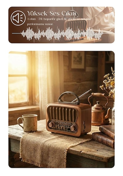 Nostaljik Görünümlü Bluetooth Mp3 Çalar Fm/am/sw Usb Tf Kart Destekli Şarjlı Retro Hoparlör