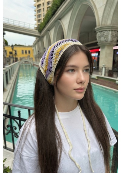 Kadın Bandana Lila Çizgili Triko Hair Band Kadın Retro Yazlık Saç Aksesuarı Lila