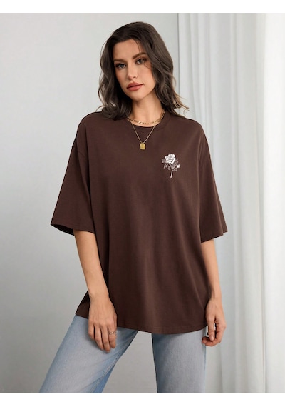 Nature Blossom Baskılı Unisex Oversize Tshirt Kahverengi