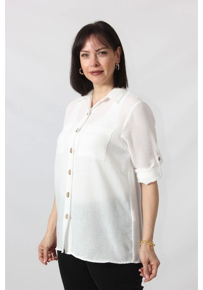 Moda Berray Bb-077 Beyaz Pamuk Keten Kolu Apoletli İki Cepli Kadın Büyük Beden Gömlek Beyaz