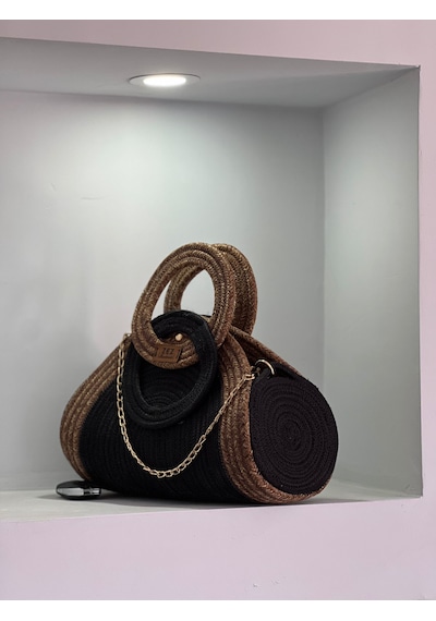 Oval Model Hasır Kordon Çanta Siyah  -  Kahverengi