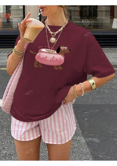 Flood Of Style Kadın Bordo Hot Dog Baskılı Oversize