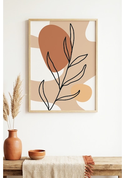 Doğal Ahşap Çerçeveli Minimal Yaprak Desenli Tablo - Pastel Tonlar Huhu1384