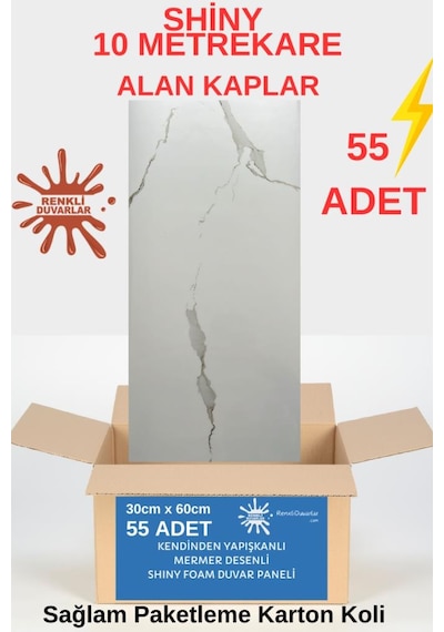 Tx-008 Shiny 10m2 55 Adet 30x60cm Yapışkanlı Mermer Desenli Karavan Banyo Wc Duvar Kaplama Paneli Beyaz