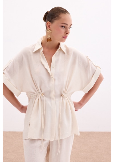 Sateen Bel Büzgü Detaylı Gömlek - Taş-136099 Taş Sateen Bel Büzgü Detaylı Gömlek - Taş-136099 Taş