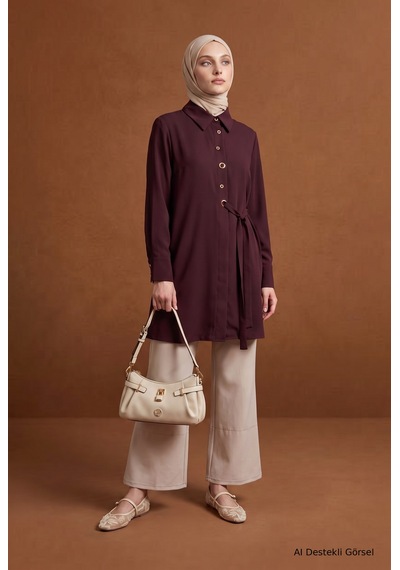 Armine Trend Gömlek Yaka Kuşgözü Detaylı Kuşaklı Tunik 91 Cm Boy Bordo 26kt431
