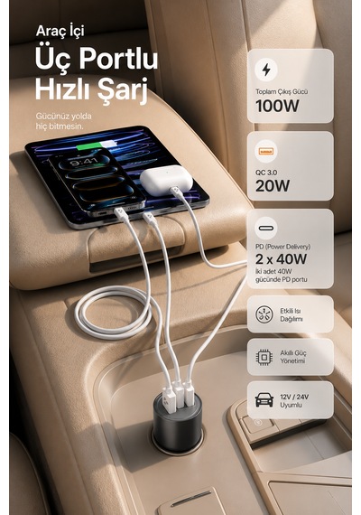 100w Araç Hızlı Şarj Aleti 2 Usb-c + Qc Usb Girişi Tüm Araçlar Uyumlu Şarj 100w Silver